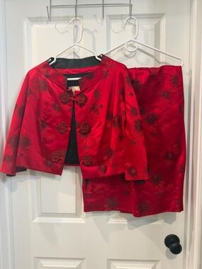 Red Floral Satin Skirtsuit with Mandarin Jacket